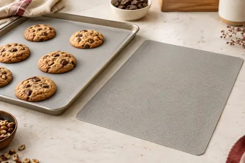 Deux tapis de cuisson gris clair en silicone microperforé, dont un garni de biscuits sur une plaque.