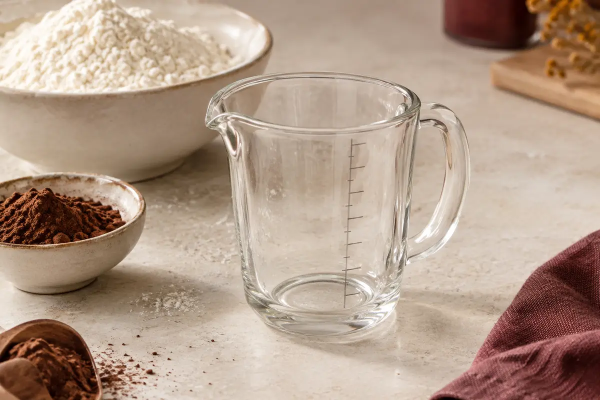 Verre doseur gradué transparent en verre posé près de farine et de cacao sur un plan de travail clair