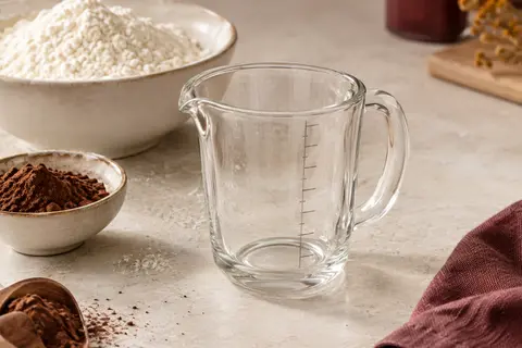 Verre doseur gradué transparent en verre posé près de farine et de cacao sur un plan de travail clair