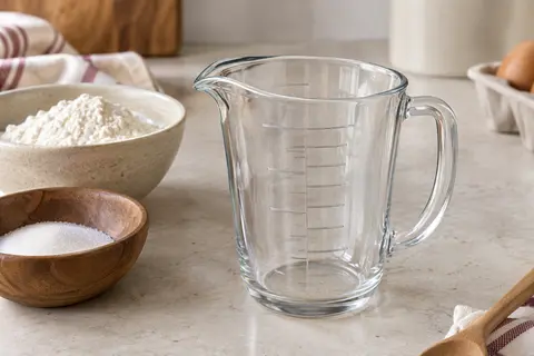 Verre doseur transparent en verre trempé posé près de farine et de sucre sur un plan clair.