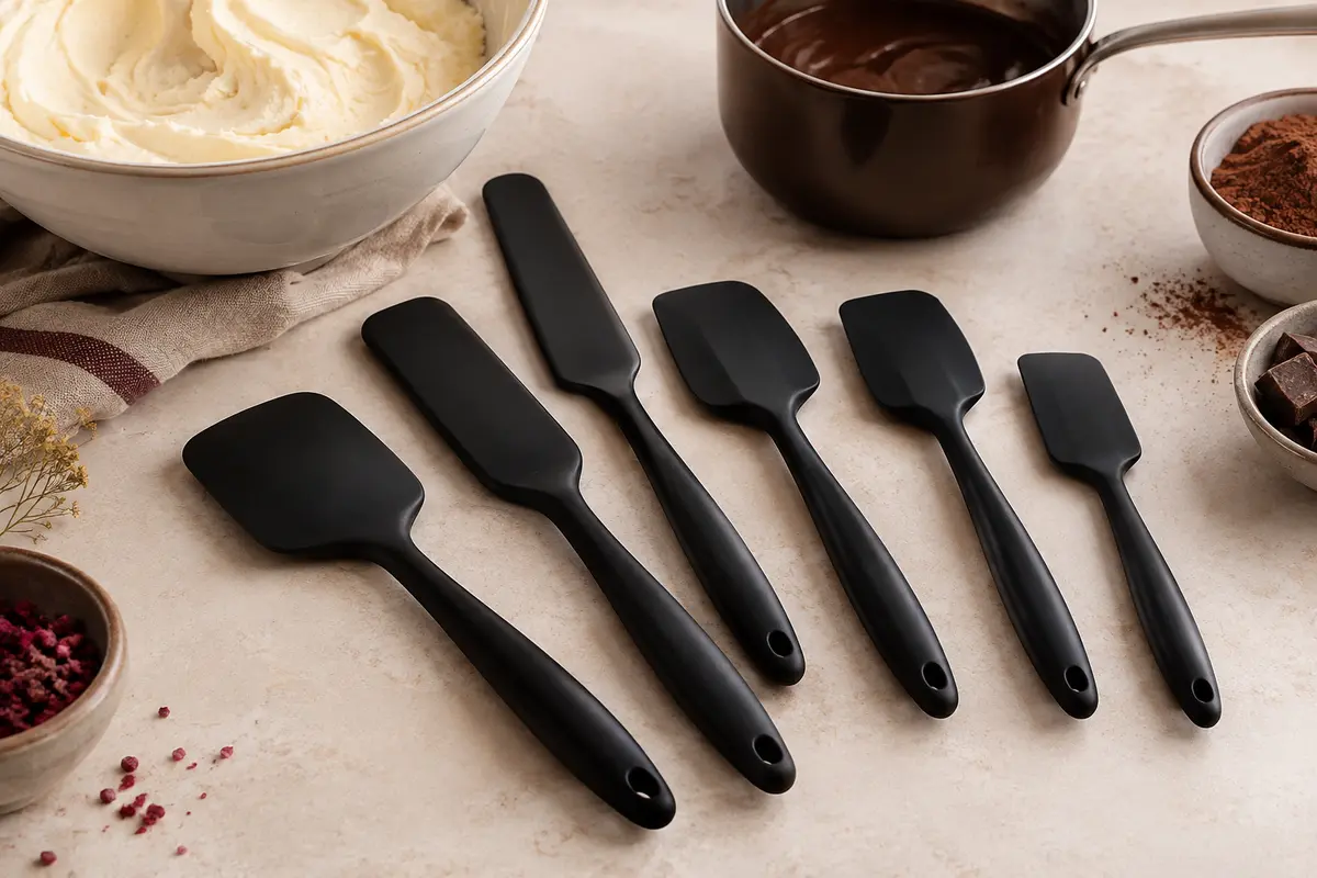 Lot de spatules en silicone noir posé près d’un bol de préparation sur un plan de travail clair