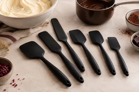 Lot de spatules en silicone noir posé près d’un bol de préparation sur un plan de travail clair