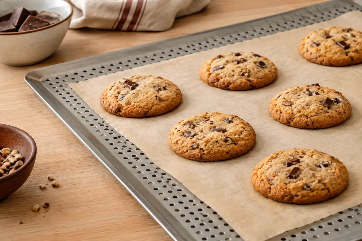 Plaque à pâtisserie plate en aluminium perforé, sans rebords, avec des biscuits sur une feuille de cuisson.