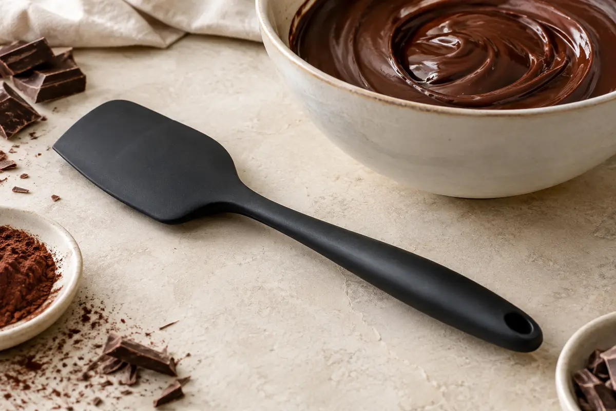 Maryse noire en silicone près d’un bol de préparation chocolatée sur un plan de travail clair.