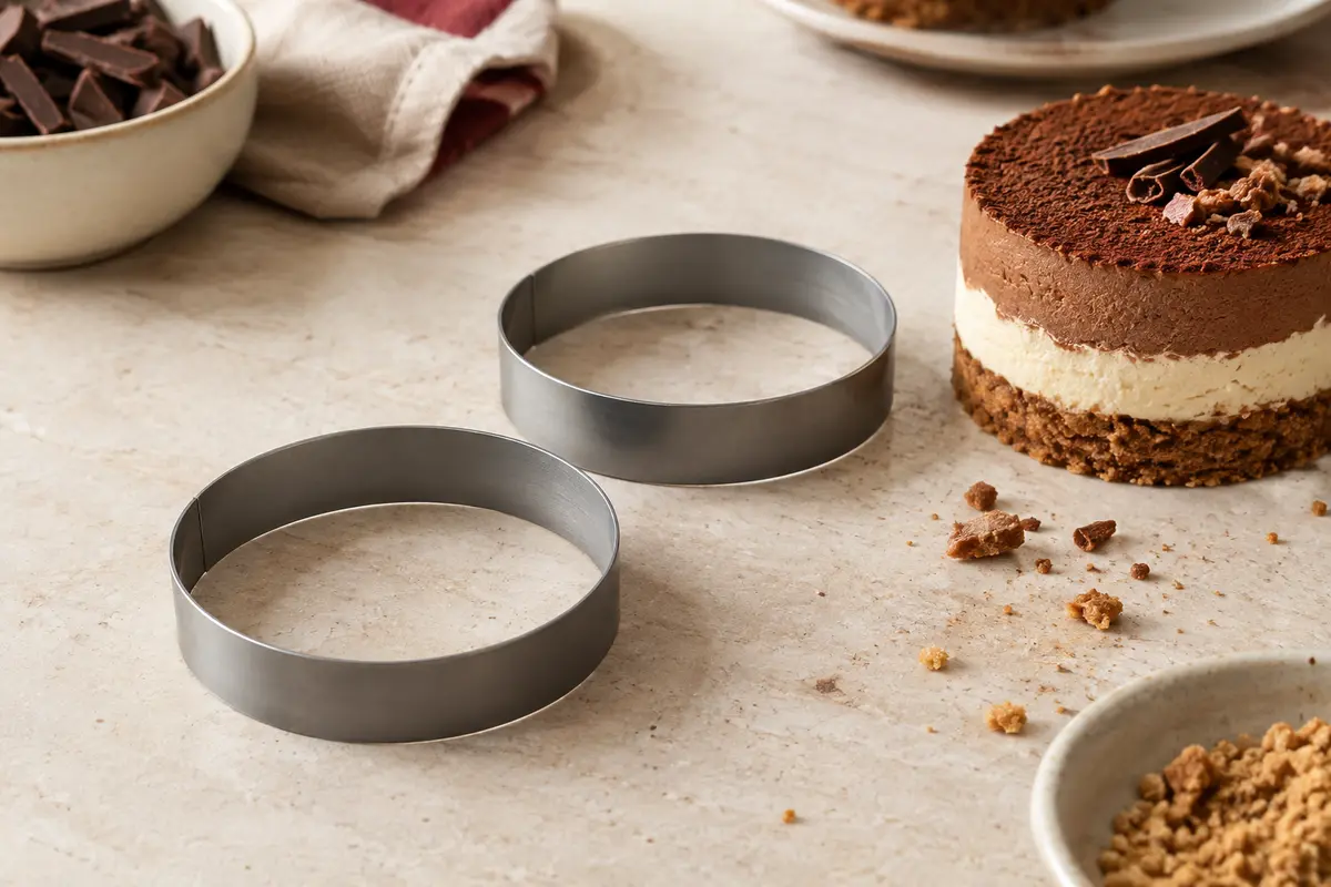 Deux cercles à pâtisserie gris de 8,5 cm près d’un petit dessert en couches sur une pierre claire.