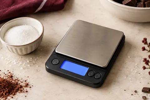 Balance de précision de poche noire avec plateforme métallique et écran LCD sur un plan de travail clair