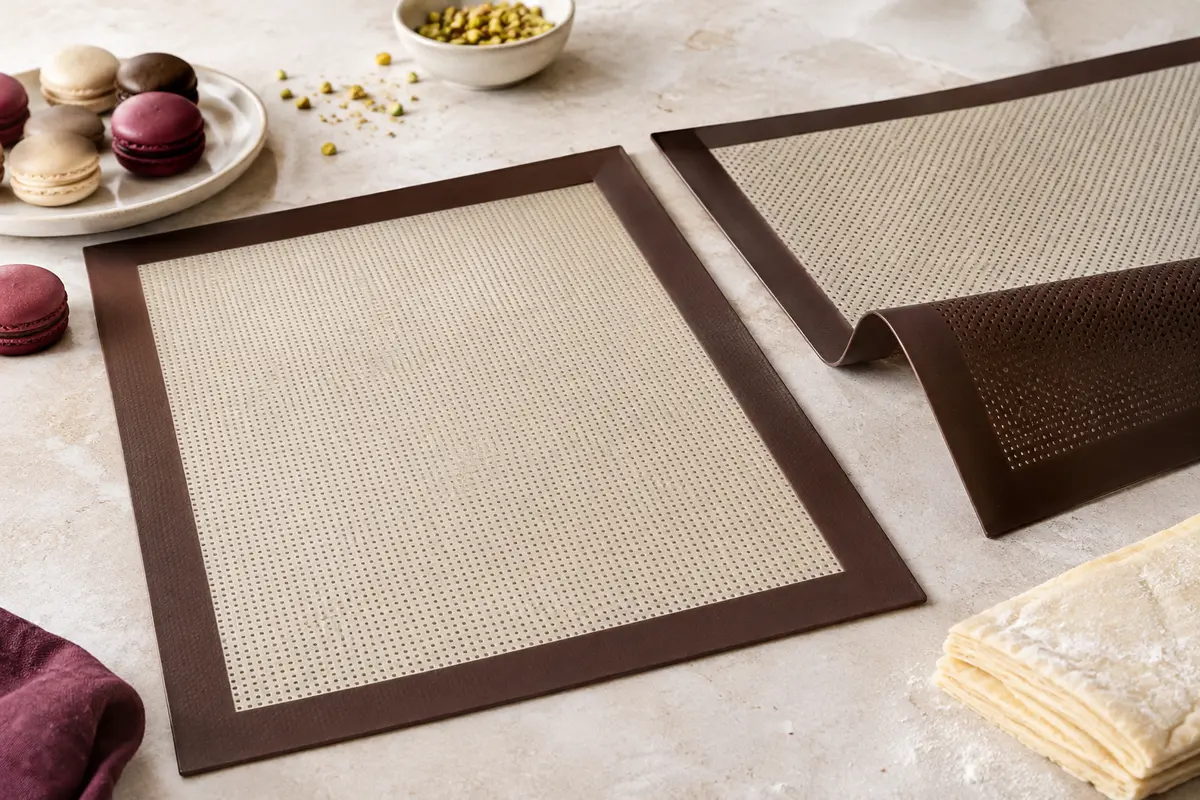Deux tapis de cuisson micro-perforés avec des macarons et une préparation feuilletée sur un plan clair