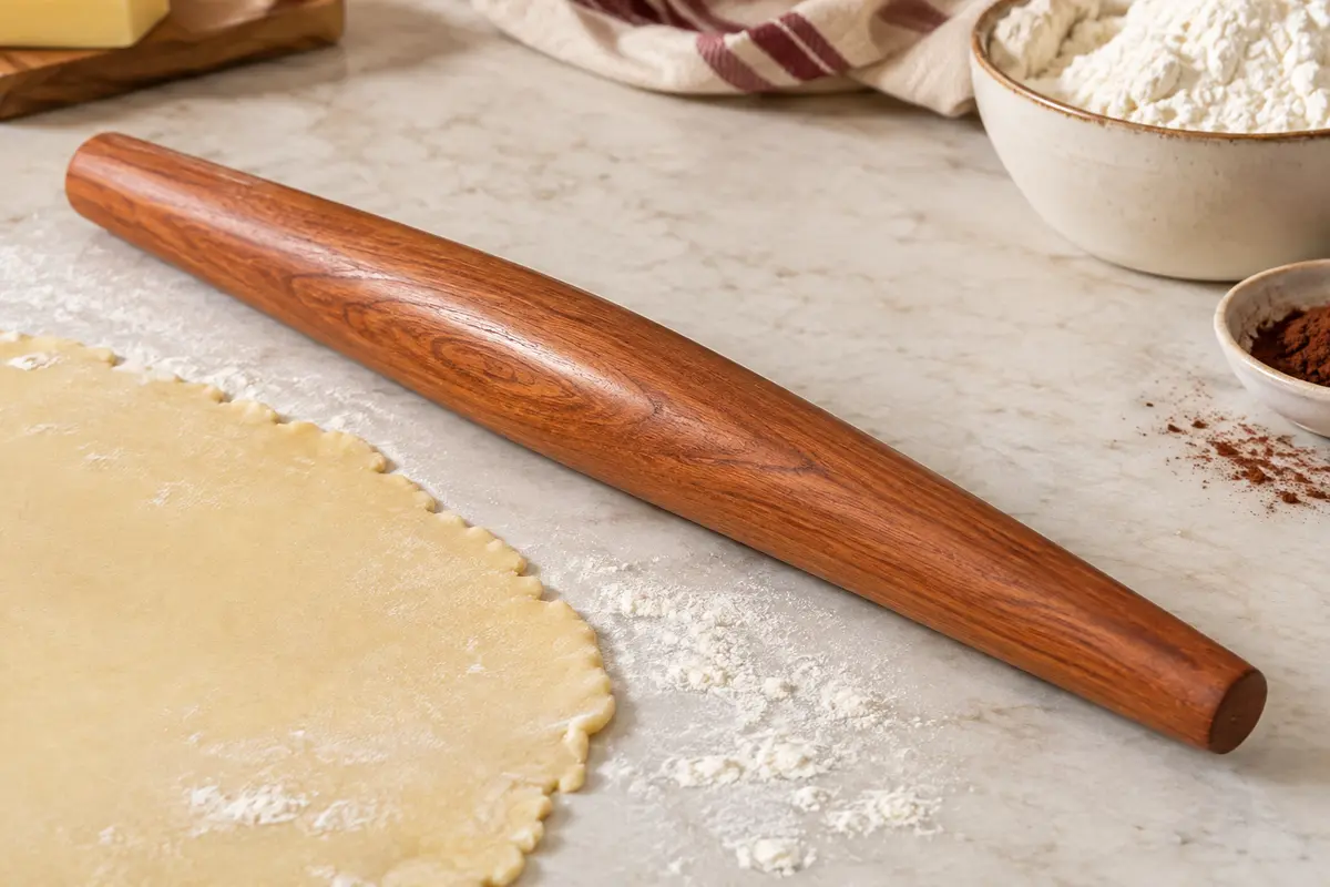 Rouleau à pâtisserie conique en bois de sapelli posé près d’une abaisse sur un plan clair