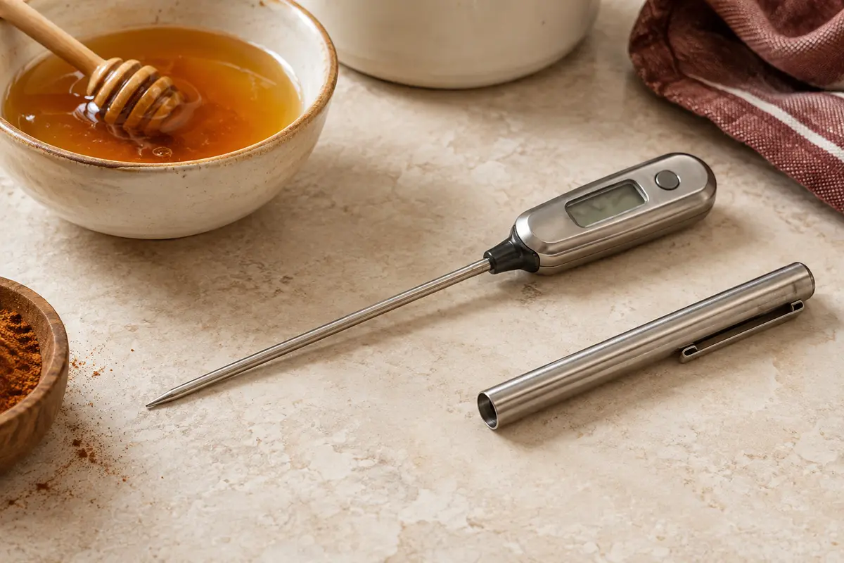 Thermomètre de cuisine métallique à écran LCD et sonde inox posé près d’un bol de sirop sur un plan clair.