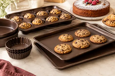 Ensemble brun de moules à pâtisserie empilables, plaques, moules à muffins et formes à gâteau sur un plan de travail clair