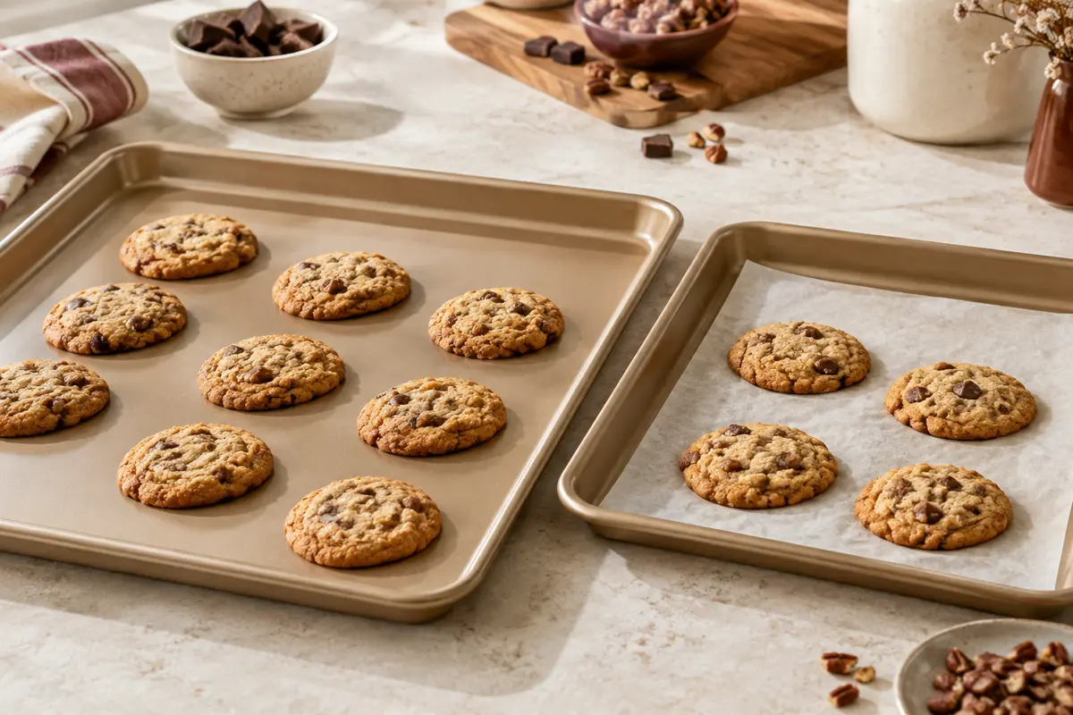 Deux plaques à pâtisserie dorées de formats différents, avec rebords surélevés, posées près de biscuits.