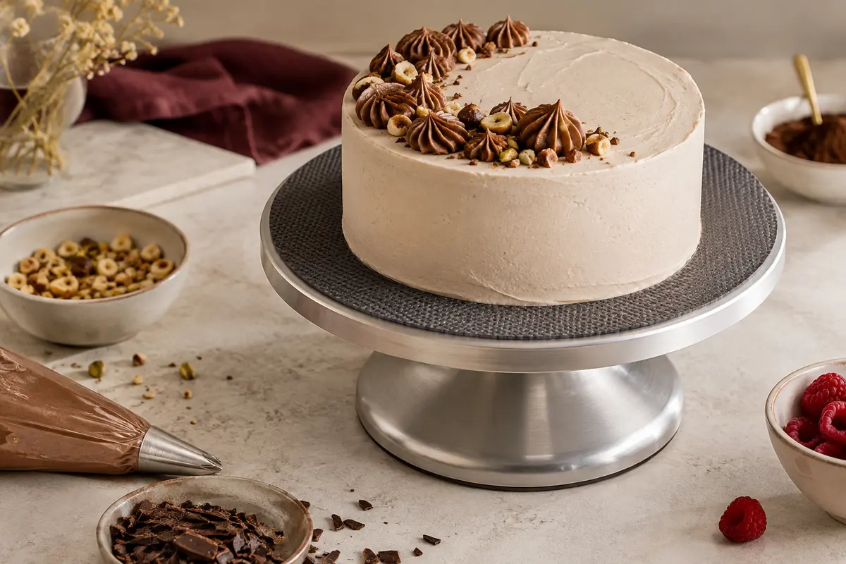 Plateau tournant de pâtisserie en aluminium argenté posé près d’un gâteau glacé et d’accessoires de finition
