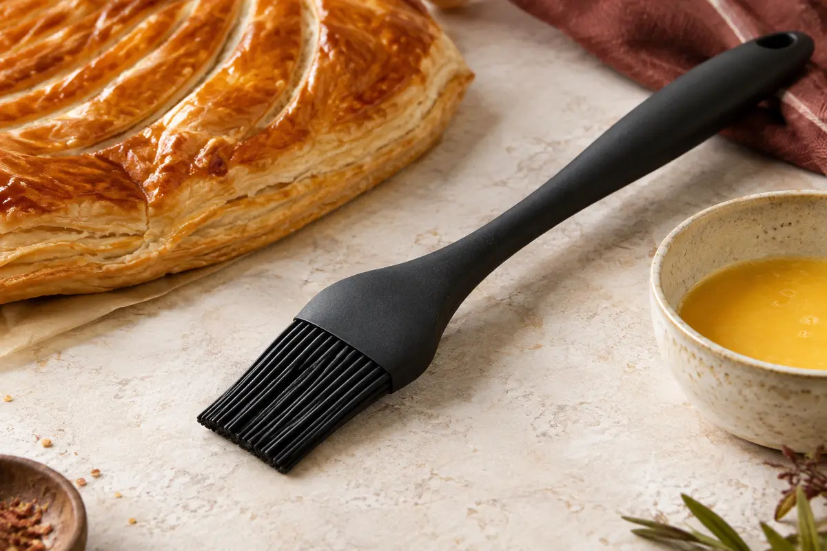 Pinceau à pâtisserie noir en silicone posé près d’une pâte feuilletée et d’un bol de dorure
