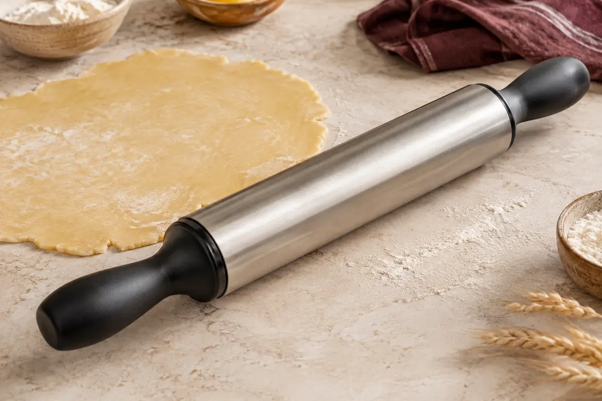 Rouleau à pâtisserie argenté à poignées noires posé près d’une abaisse de pâte sablée