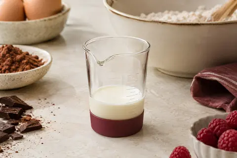 Verre doseur Pebbly en verre transparent avec base en silicone et bec verseur sur un plan de travail clair.