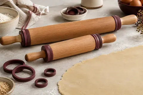 Deux rouleaux à pâtisserie en bois avec anneaux en silicone près d’une abaisse de pâte sur un plan clair.