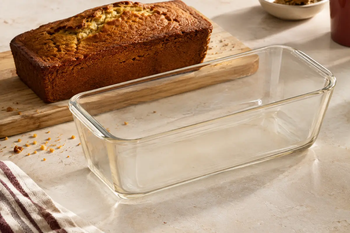 Moule à cake Pyrex en verre borosilicate transparent posé près d’un cake doré sur une pierre claire.