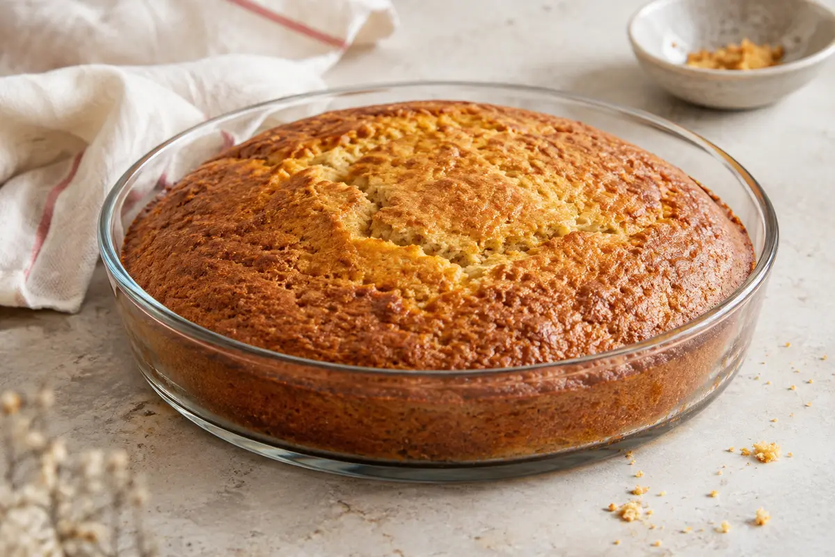Moule à manqué rond en verre transparent contenant un gâteau doré, posé sur un plan de travail clair.