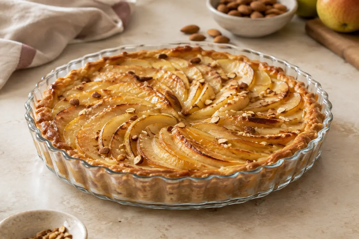 Moule à tarte rond en verre transparent à rebords ondulés, posé sur un plan de travail clair.