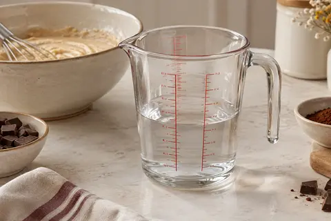 Verre doseur Pyrex transparent gradué en rouge, avec poignée et bec verseur, posé sur un plan de travail clair.