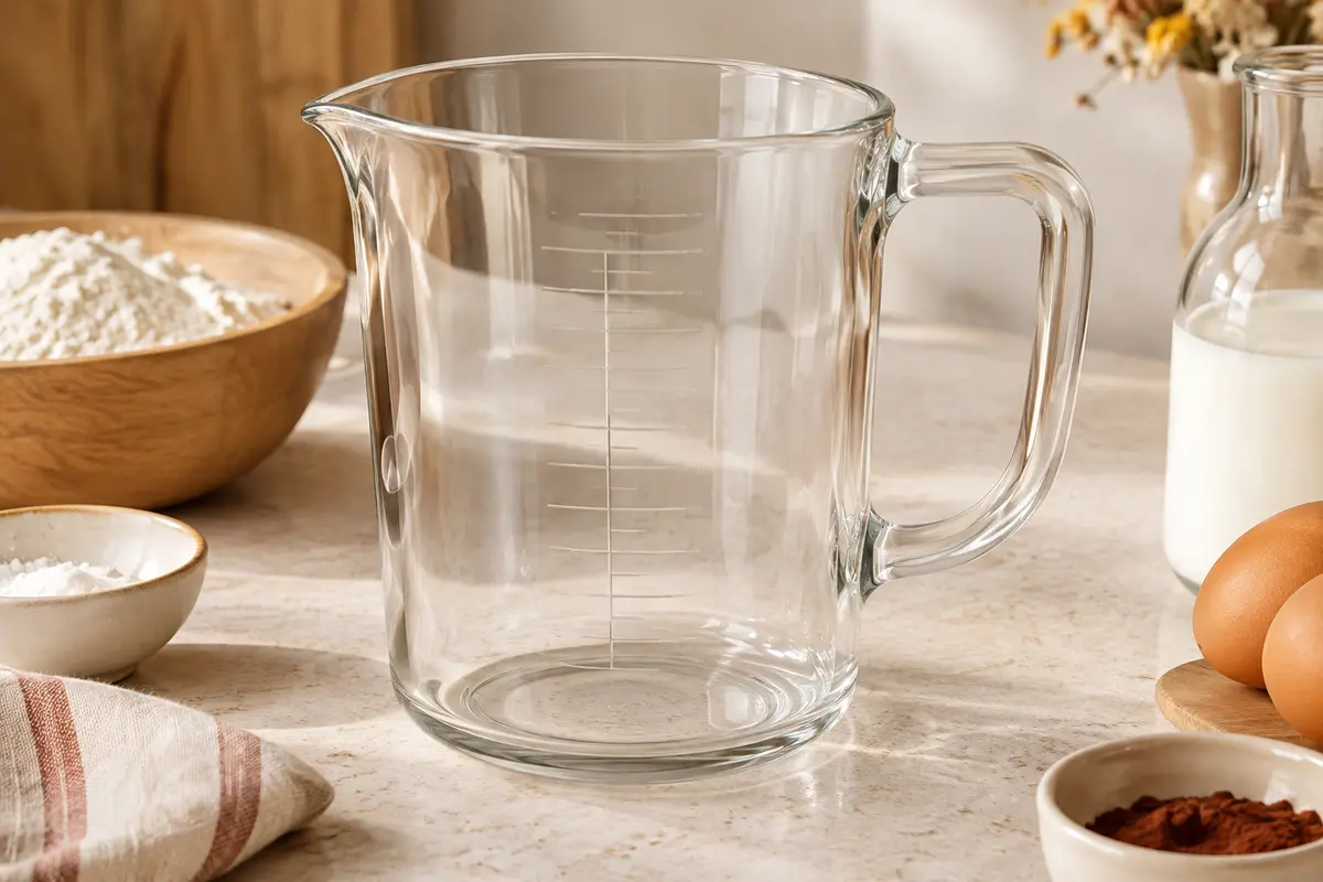 Pichet doseur transparent en verre borosilicate posé sur un plan de travail clair avec des ingrédients de pâtisserie.