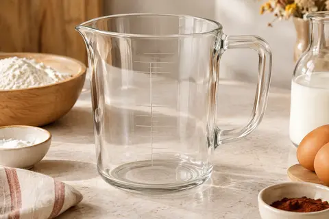 Pichet doseur transparent en verre borosilicate posé sur un plan de travail clair avec des ingrédients de pâtisserie.