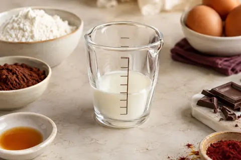 Verre doseur transparent en borosilicate posé sur un plan de travail clair près d’ingrédients de pâtisserie.