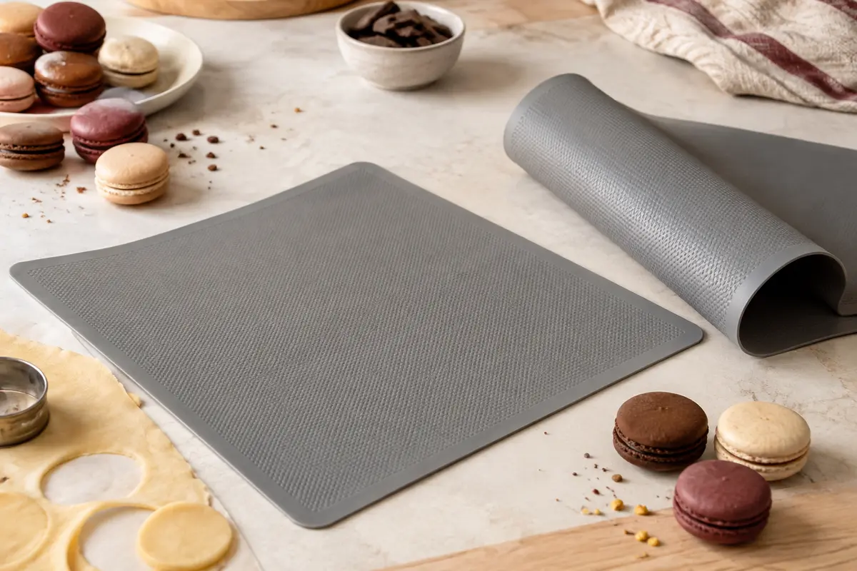 Deux tapis de cuisson gris en silicone, l’un déroulé et l’autre roulé sur un plan de travail clair.