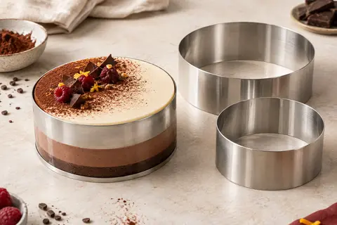 Trois cercles à pâtisserie ronds en inox de tailles différentes, disposés autour d’un entremets mousse.
