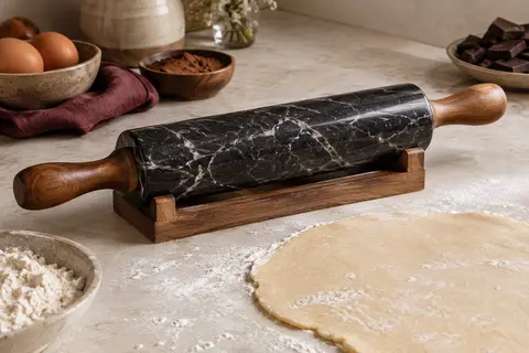Rouleau à pâtisserie en marbre noir veiné avec poignées en bois, posé sur son support près d’une pâte.