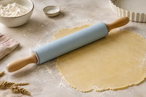 Rouleau à pâtisserie bleu en silicone avec poignées en bois posé près d’une pâte abaissée sur un plan clair.