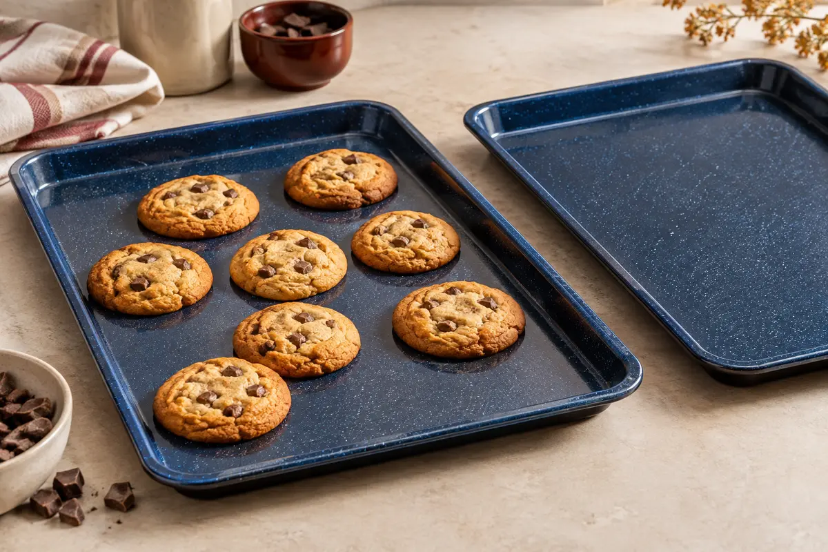 Deux plaques de cuisson Russell Hobbs à revêtement marbré bleu, avec des biscuits dorés sur l’une d’elles