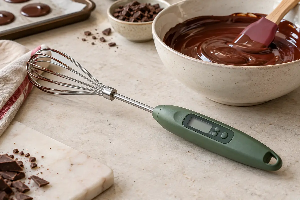 Fouet thermomètre vert avec sonde amovible et écran LCD posé près d’un bol de chocolat fondu.