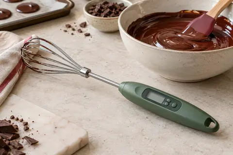 Fouet thermomètre vert avec sonde amovible et écran LCD posé près d’un bol de chocolat fondu.