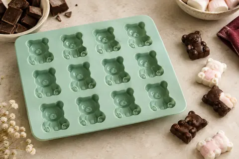 Moule en silicone vert d’eau à douze cavités d’ourson, accompagné de chocolats fourrés à la guimauve.