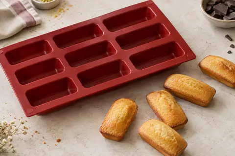 Moule rouge en silicone à douze empreintes mini-cakes, accompagné de petites portions dorées sur un plan de travail clair.