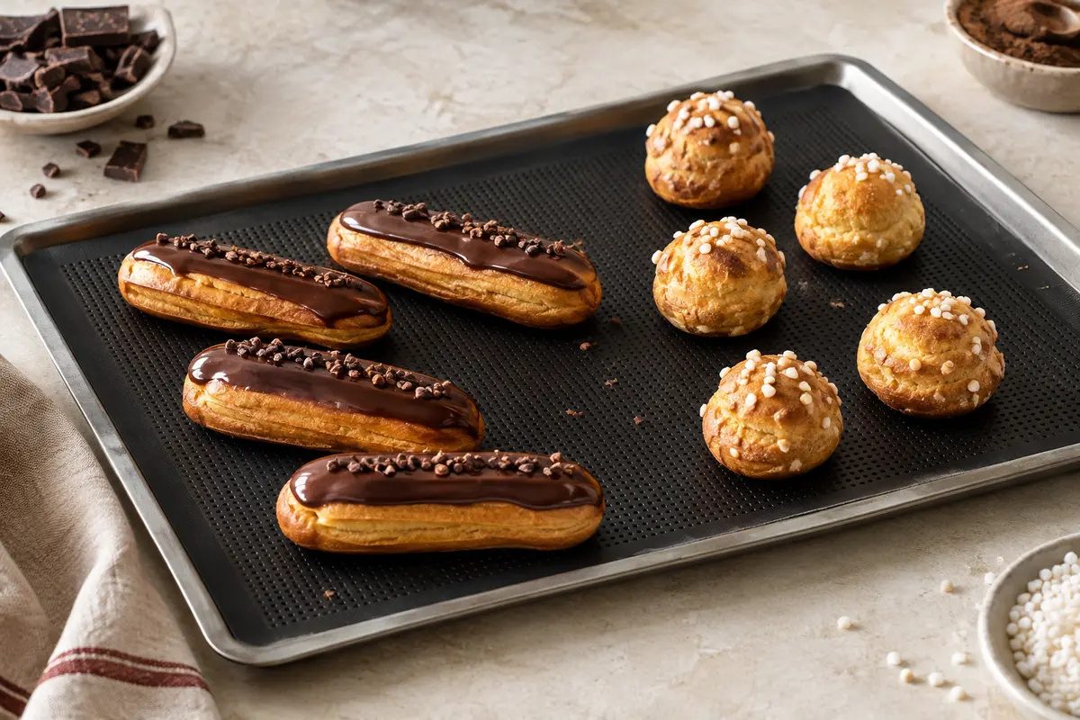 Tapis de cuisson noir microperforé avec des éclairs et des petits choux dorés sur une plaque.