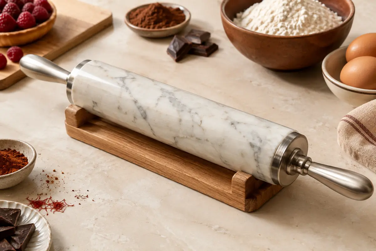 Rouleau à pâtisserie en marbre blanc avec poignées métalliques et support en bois sur un plan de travail clair.