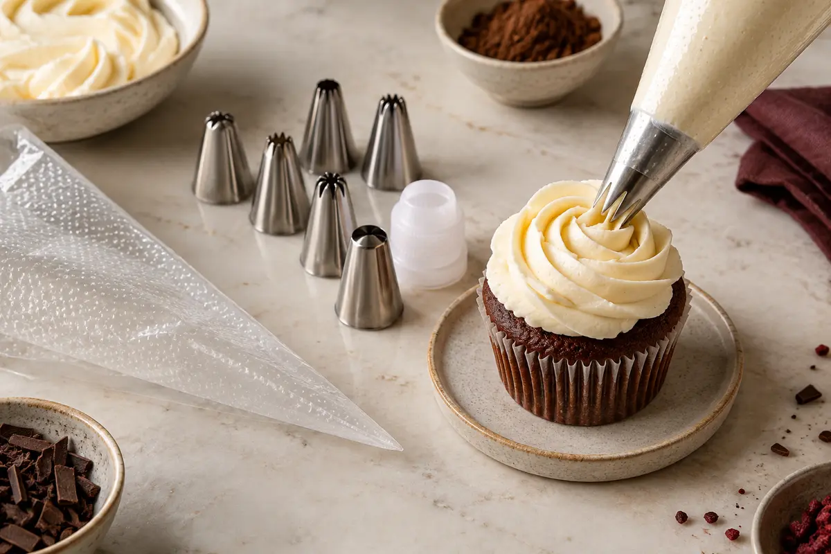 Poche à pâtisserie transparente et douilles inox disposées près d’un cupcake décoré