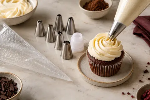 Poche à pâtisserie transparente et douilles inox disposées près d’un cupcake décoré