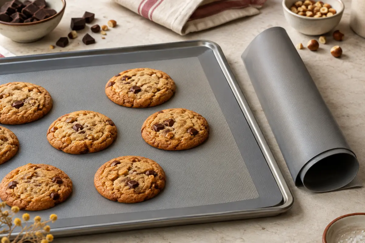Deux tapis de cuisson gris en silicone, l’un avec des biscuits et l’autre roulé sur un plan clair.
