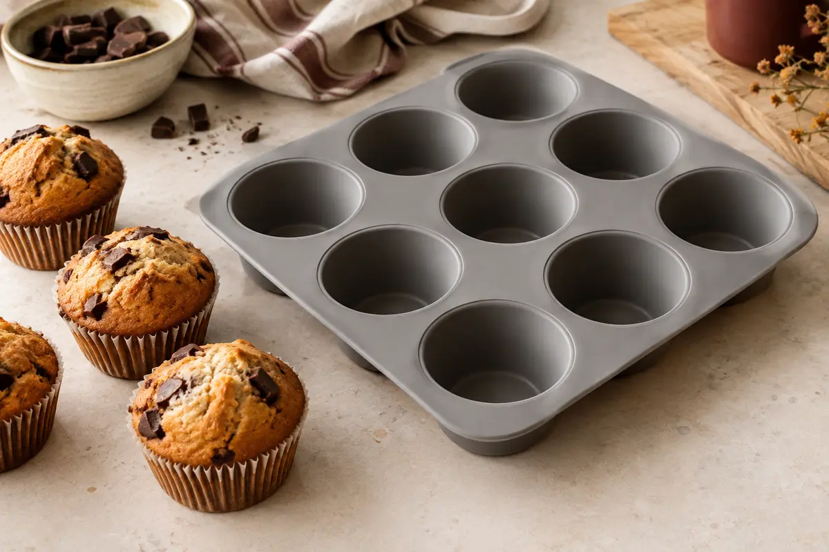 Moule gris en silicone à 12 empreintes posé près de muffins dorés sur un plan clair.