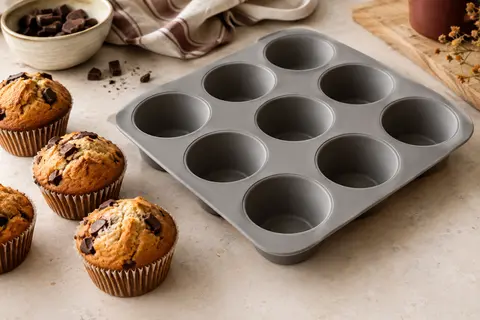 Moule gris en silicone à 12 empreintes posé près de muffins dorés sur un plan clair.