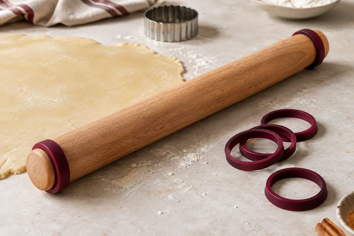 Rouleau à pâtisserie en bois de hêtre avec anneaux amovibles posé près d’une pâte étalée