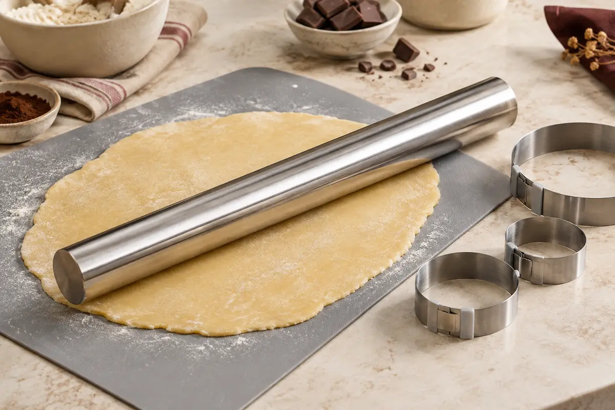 Rouleau à pâtisserie en acier inoxydable et tapis gris gradué posés sur un plan de travail clair.