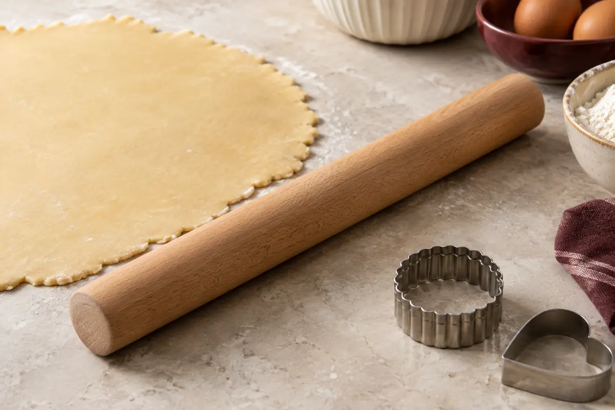 Rouleau à pâtisserie en bois de hêtre posé près d’une pâte à tarte étalée sur un plan clair
