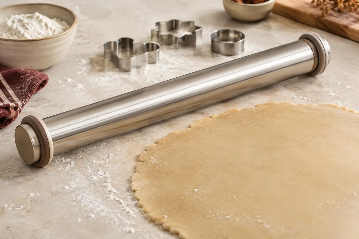 Rouleau à pâtisserie en acier inoxydable avec anneaux réglables, posé près d’une pâte étalée.