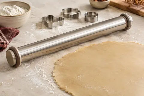 Rouleau à pâtisserie en acier inoxydable avec anneaux réglables, posé près d’une pâte étalée.