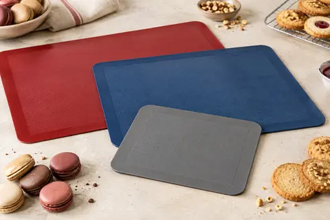 Trois tapis de cuisson en silicone rouge, bleu et gris posés près de macarons et de biscuits