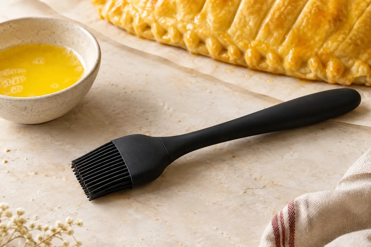 Pinceau de pâtisserie noir en silicone posé près d’une pâte dorée et d’un bol de beurre fondu